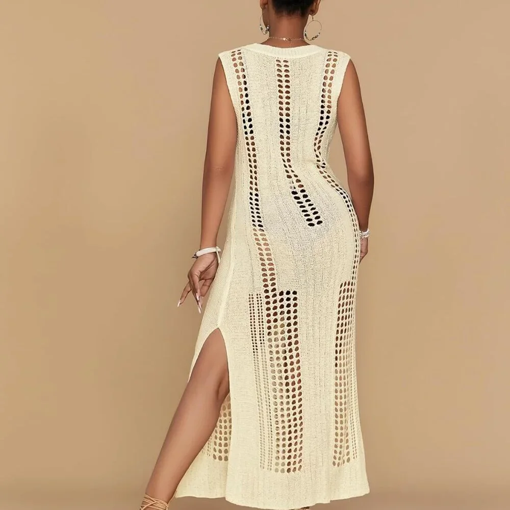 Women’s Crochet Beach Cover Up Sleeveless Summer Knit Swimwear Coverup - Picture 4 of 6